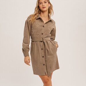 HEM & THREAD Taupe Corduroy Belted Shirt Dress, Stud Detail Utility Style